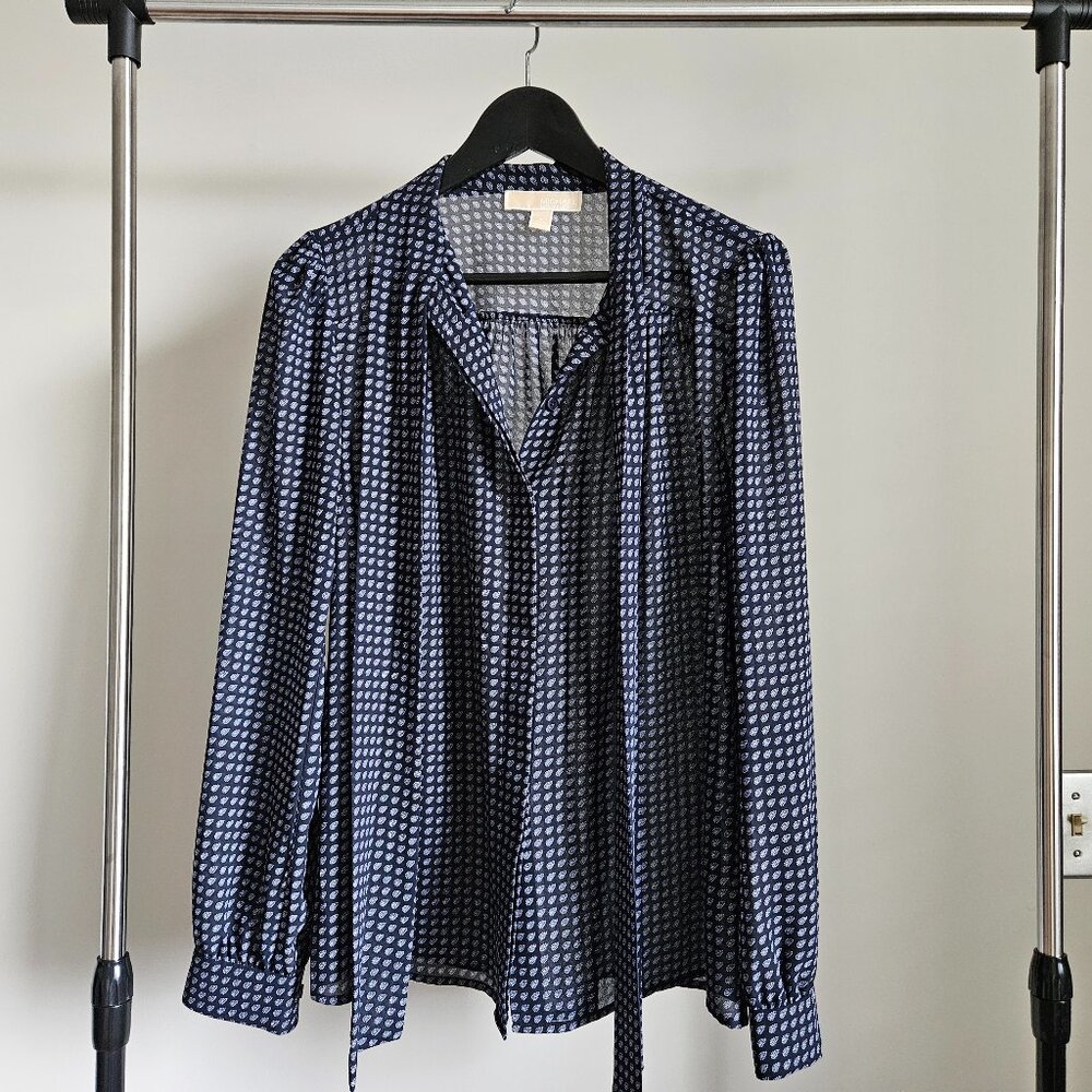 Michael Kors Paisley Print Tie-Neck Blouse Navy Blue - Size S